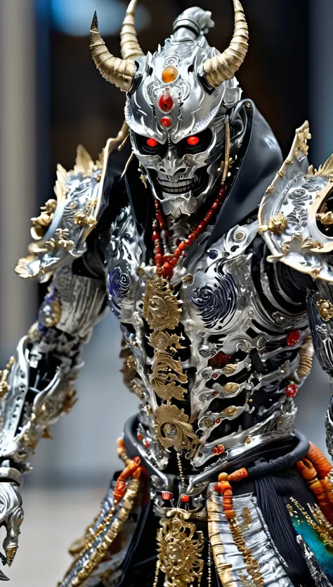 １３century、A silver cyborg samurai-like creature wearing a Hannya mask.、eyes are shining、long coat、FW Murano style, vibrant color blast, whole body、incredibly detailed, dark, Key Visual, in the atmosphere, very realistic, high detail texture, ray tracing