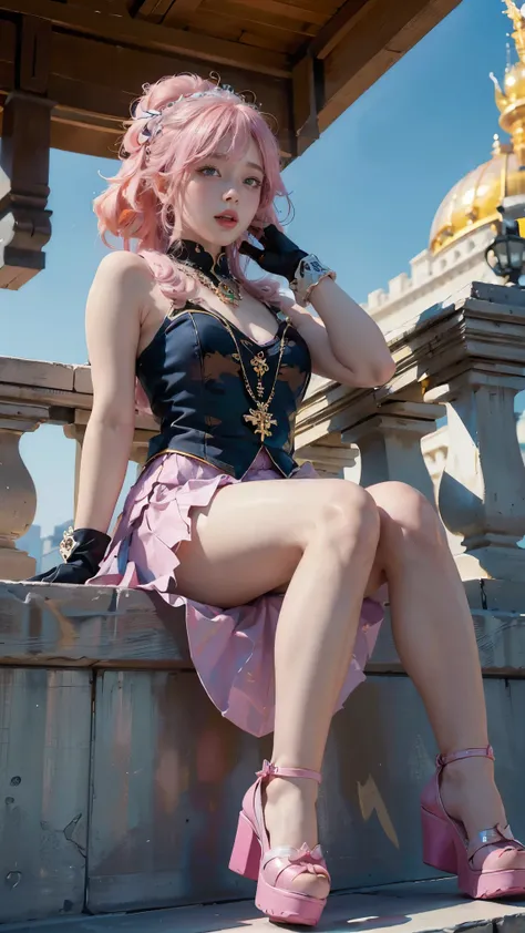 ((best quality))，fat ass,Sitting on the balcony of the palace，pink hair， 被jewelry包裹，open mouth，Viewed from the perspective below，((masterpiece)),((1 girl))， alone, Wear platform shoes， ((jewelry)), ((sleeveless)), blue skirt, ((Gloves))，cross legs,