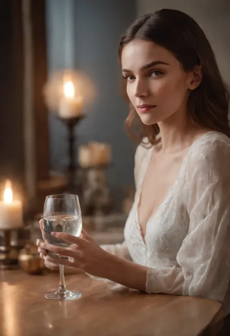 model leaning on table，Holding a water glass in hand，Kitchen scene，model photography，high quality