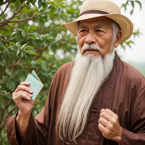 An old man with traditional Chinese thoughts，Real frontal photo，real background，The background is nature，holding book，shabby clothes，face full of wrinkles，80-year-old Chinese medicine practitioner，discernment，The beard has turned white，male，country style，K...