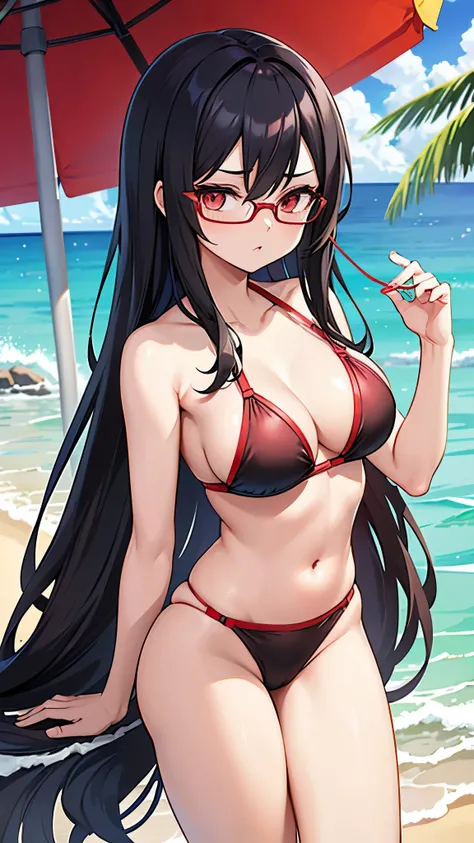 Sarada Uchiha, black hair, shoulder length hair, onyx eyes, red eye glasses, bangs brushed on the left, Bust 72 cm (29), Waist 51 cm (21), Hips 75 cm (30), Bra Size 29 A Cup, 1 girl, solo, beach, sunny weather, red bikini, red string