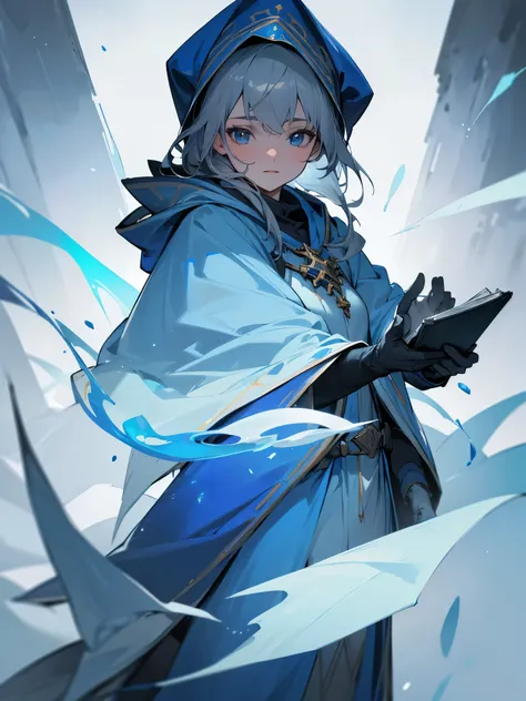 (best quality,highres:1.2),ultra-detailed, portrait,gray-haired woman,bright with light in her eyes,blue clothes,frozen clothes,cloak and hood,gloves,looks like a cleric