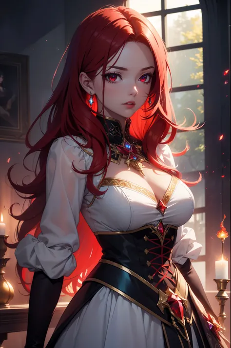 (masterpiece), high details, high quality, a beautiful woman, red hair, long hair, beautiful detail eyes, crimson red eyes, red lips, fire witch, blood, light particles, holding red crystal, light rays, glowing red crystal, (Luminous crystal, shining cryst...