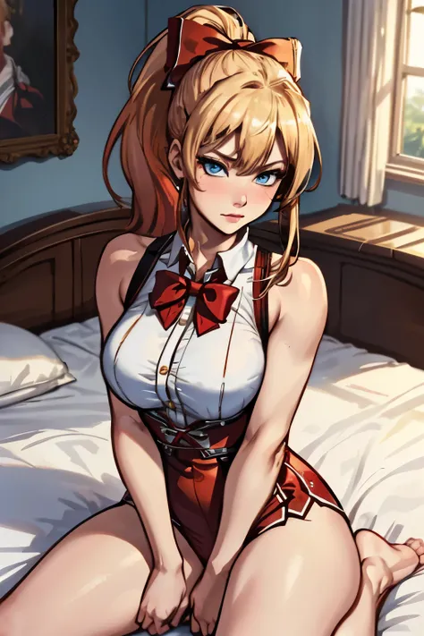 masterpiece, ultra high quality CG, best quality, perfect picture, solo, lidia sobieska (tekken, blonde hair with high ponytail, blue eyes, red hairbow, strong), wearing a sexy karate outfit, sitting on the bed, looking sideways, blushing, shoulders showin...