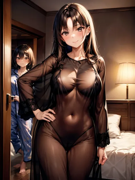 highest quality、one beautiful woman、beautiful big breasted woman、medium hair woman、(brown haired woman:1.3)、((A woman wearing black see-through pajamas:1.3))、living、sofa、smile、A drunk woman with a red face、Are standing、woman with hands on hips