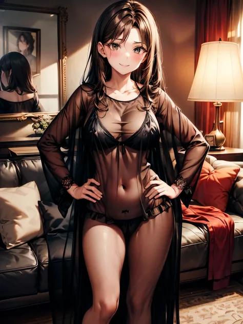 highest quality、one beautiful woman、beautiful big breasted woman、medium hair woman、(brown haired woman:1.3)、((A woman wearing black see-through pajamas:1.3))、living、sofa、smile、A drunk woman with a red face、Are standing、woman with hands on hips