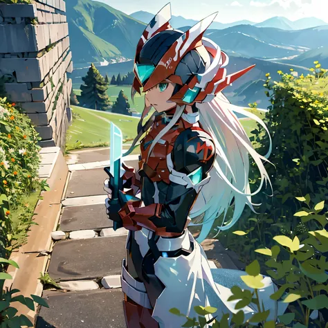 megzeromyth2023, 1boy, long white hair, red armor, green energy sword, high quality, masterpiece, standing on a hill with mountains around him, in the style of anime art, imposing monumentality, translucent immersion, grandeur of scale, i cant believe how ...