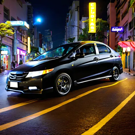 generates a realistic image of a black 2011 honda city sedan with silver enkei nt03 wheels.  the car must be slightly lowered an...