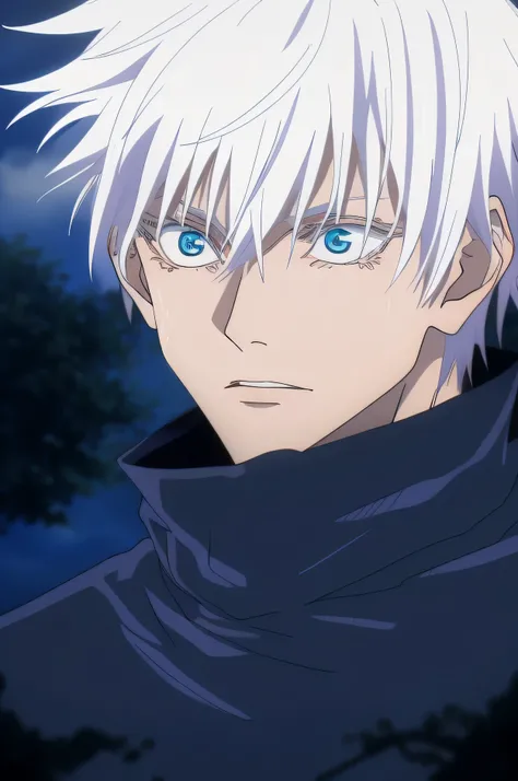 gojou satoru, 1boy, male focus, solo, full body, blue eyes, blindfold, white hair, night, one eye covered, parted lips, high collar, looking at viewer, crying, smilling