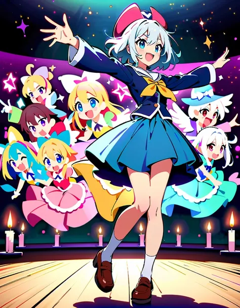 《Blessings to a wonderful world》Anime characters taking photos，KONOSUBA style，Colorful school uniforms，White-haired girl in purple clothes，Blonde girl wearing pink hat，Brunette man in blue shirt，red velvet stage，Candle decoration，Purple cloth background，full-body shot，2D art，High quality details，cute style，bright colors，Full of energy，Magical girl on stage，Vibrant dynamic poses and whimsical costumes, Surrounded by sparkling effects and charming ambience, Capture joyful celebration moments, Detailed character expressions, High-quality anime aesthetics
