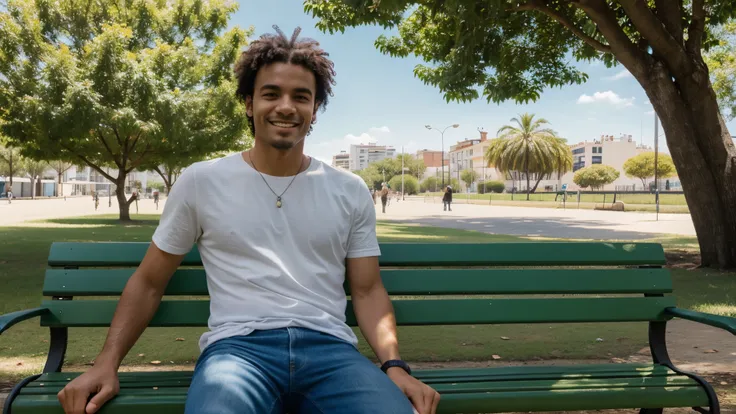 A man with Brazilian naturalness, with open eyes, happy, with Positive Attitudes, sitting on a park bench.