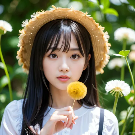 Best-quality, Masterpiece, Ultra-High-Resolution, (Photorealistic:1.4), Raw-Photo, 1girl, the most famous Japanese idol, ((hold a small flower of dandelion)), (extremely cute face like the most popular Japanese idol, (extremely beautiful big-black-eyes), e...