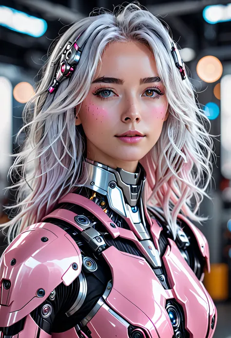 Facial portrait of an ultra pretty cyborg girl, Perfect Android girl, beautiful robot character design, streamlined pink armor, white hair, Spiegelreflexbeleuchtung, SLR camera, Ultra quality, Sharpness, depth of field, Filmkorn (Center), Fujifilm XT3, Kri...