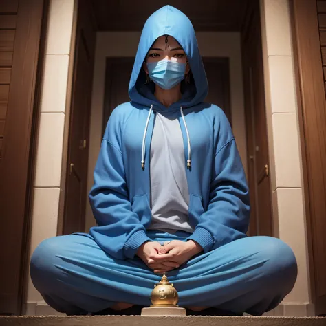 There is a blue Buddha statue facing the front and wearing a hoodie hood,Buddha, Buddha, Buddhism, beautiful images,Buddha,Buddha
