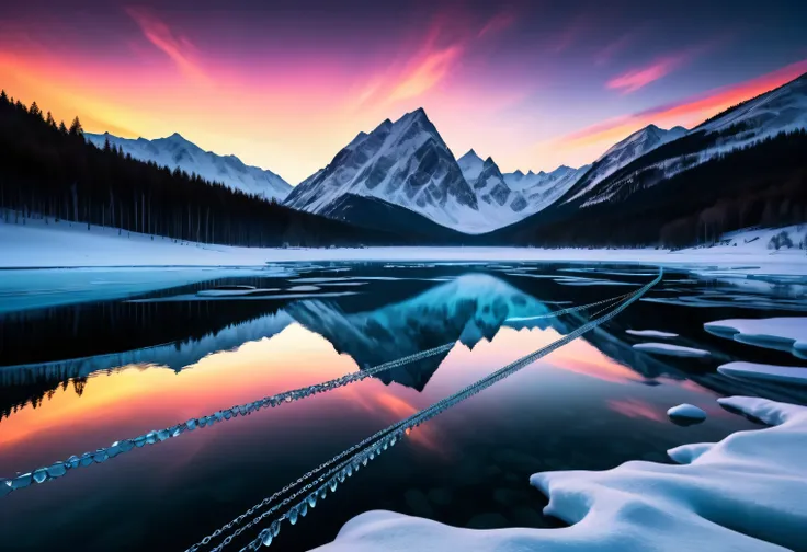 hd wallpaper, glowing arcs and metalic light chains of in frozen surface of the lake, top view photography in the style of cinem...