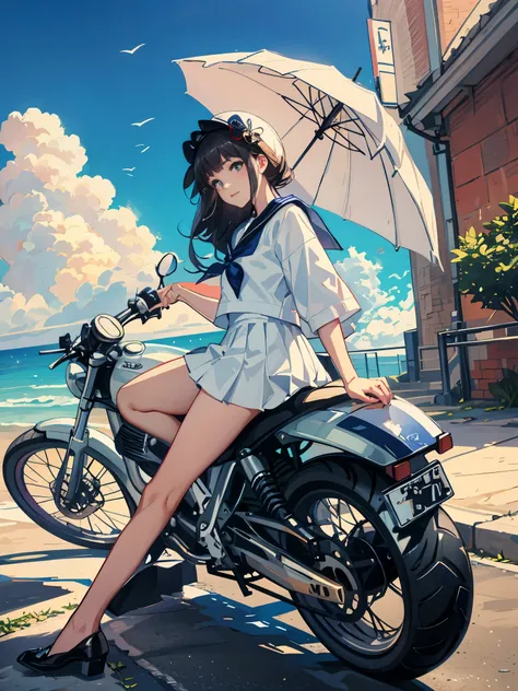 palace, girl, sailor suit, summer vacation,motorcycle,