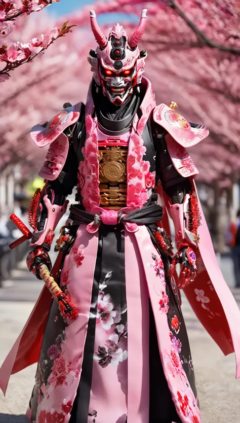 １３century、A pink cyborg samurai-like creature wearing a Hannya mask.、eyes are shining、long coat、(black and red)、FW Murano style, vibrant color blast, whole body、cherry blossoms、incredibly detailed, dark, Key Visual, in the atmosphere, Attack the enemy、very...