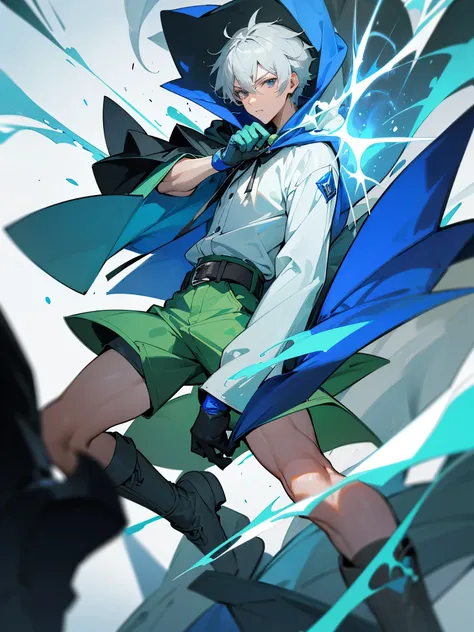 Tall man in his 25s with gray hair, gray eyes. Wearing a blue hooded cape, dressed in a white button shirt, green shorts, and blue gloves. He also wears a belt and boots. Pose masculina. Combate con explosiones. Lanzamiento de conjuros. magic battle. Color...