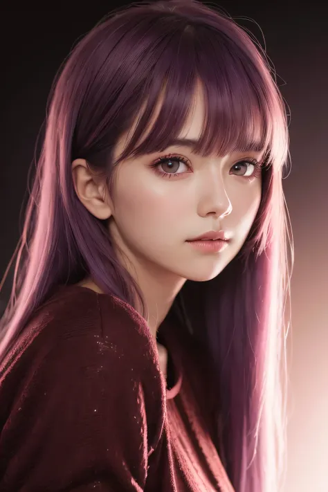 1 girl, star eyes, blush, perfect lighting, purple hair, brown eyes, actual, Side light, Detailed face, Bangs, skin blemishes，bright skin, Simple background, dark background, red clothes