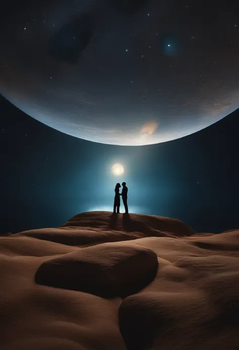 Una imagen donde dos seres se miran fijamente., They are touching lips but you are not.&#39;I don&#39;t see any kind of kiss. , that in the background I need two planets to be colliding but for it to be an explosion that feels like that kiss that never end...