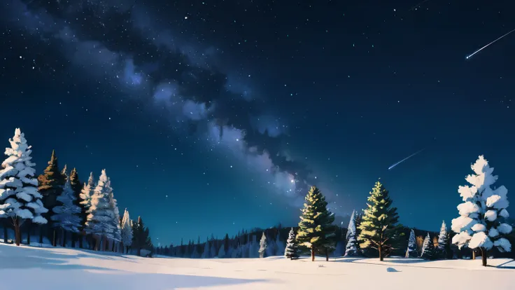 winter forest, night, stars in the sky