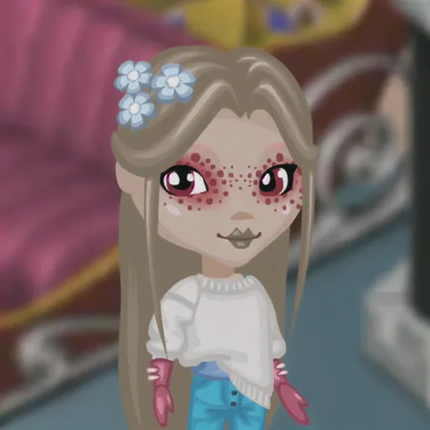 cartoon girl with red spots on her face and blue pants, create your own avatar, chibi, ethereal flowerpunk, lovely bohemian princess, My outfit, Expensive, (((insane))) elven princess, Caitlin in mini-milom style, cartoon looking, elven princess, elf girl ...