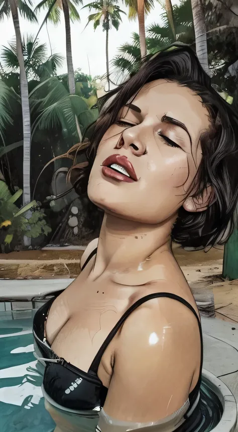 close-up, side view, 30yo woman (short bob hair, closed eyes), (yawning, gape, feel pain:1.4), wearing a black bikini, yawning, in a pool, HDR, photorealistic, 8K, 16K