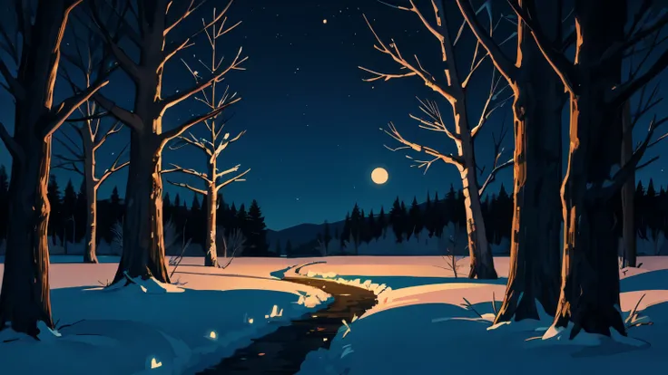 winter forest, night, trees close to each other, no light, темная night