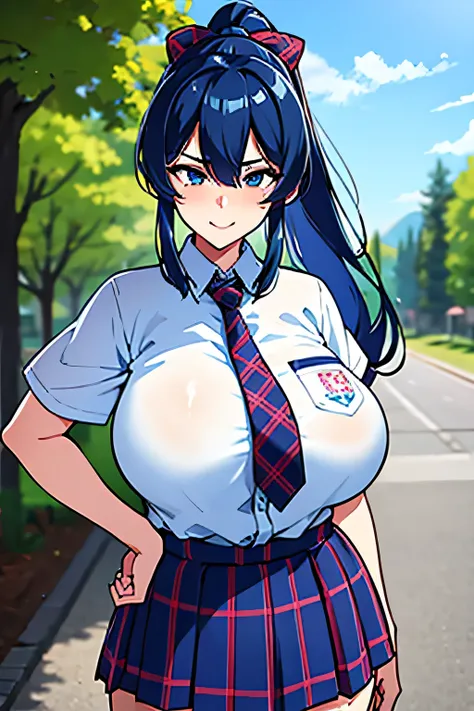 score_9,score_8_up,score_7_up,score_6_up, takeda hiromitsu style,1girl, breasts, skirt, thighhighs, solo, blue eyes, necktie, , long hair, blue hair, ponytail, huge breasts, shirt, tented shirt, plaid, outdoors, plaid skirt, smile, hand on hip, looking at ...