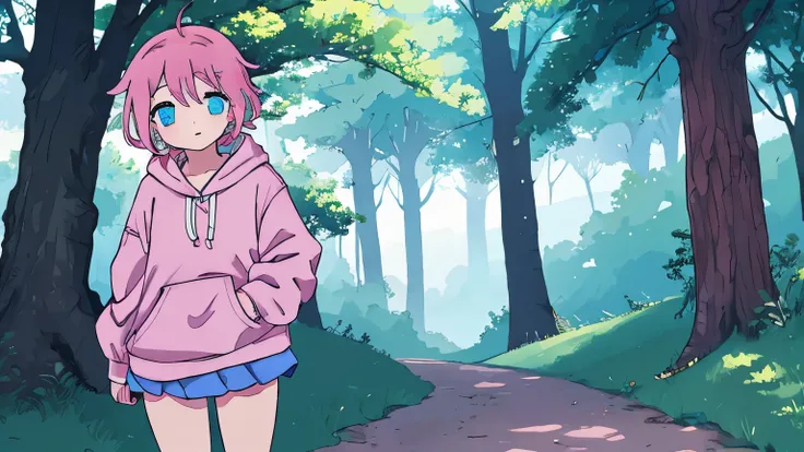 outdoors woods anime girl short pink hair pink hoodie choker hairclip blue eyes blue skirt white shoes white legwear walking sad sideways
