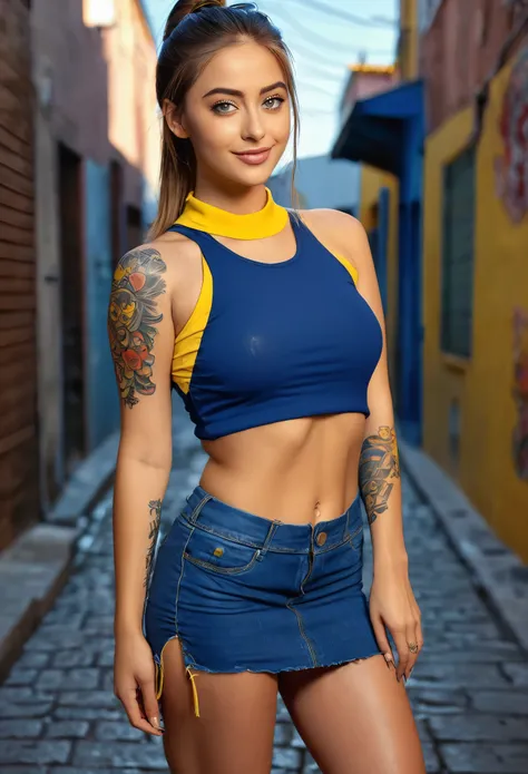 ((1 Spanish)), (Laia Manzanareodel, 25 years old, young)), ethereal beauty, deep blue eyes, seductive smile, long hair tied in a ponytail, tight ponytail, flirtatious look at the camera, fit body, medium breasts ,(with simpsons tattoo) sexy pose in an alle...