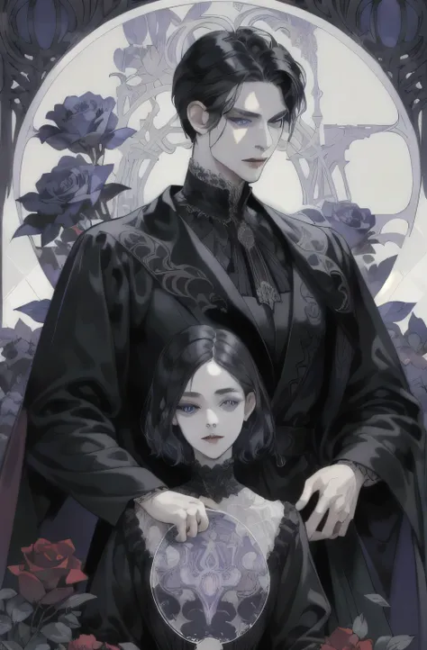 basic Art Nouveau, A Vampire tarot card with, man, perfect face, young, (((oval face))), dark clothes, soft and melancholic facial features, delicated man, no wrinkles, no lipstik, effeminate face, gothic style, perfect detailed eyes and face, black hair ...