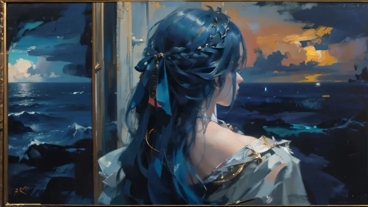 dark，oil painting style，The back of a girl，blue hair，contour，The background is the sea，late night，exquisite eyes，fat face ，Cloak