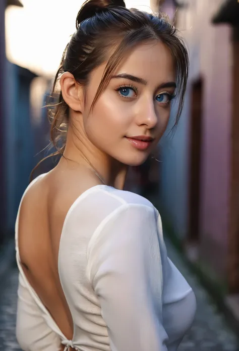 ((1 Spanish)), (Laia Manzanareodel, 25 years old, young)), ethereal beauty, deep blue eyes, seductive smile, long hair tied in a ponytail, tight ponytail, flirtatious look at the camera, fit body, medium breasts , sexy pose in an alley, detailed full-body ...