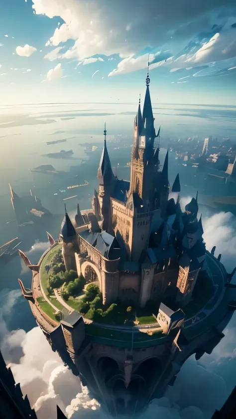 "A medieval city floats majestically in the sky, sustained by towering tree trunks that stretch from the clouds to the unseen ground below. The citys structures are crafted from dark wood and stone, with pointed towers and imposing walls encircling its bor...