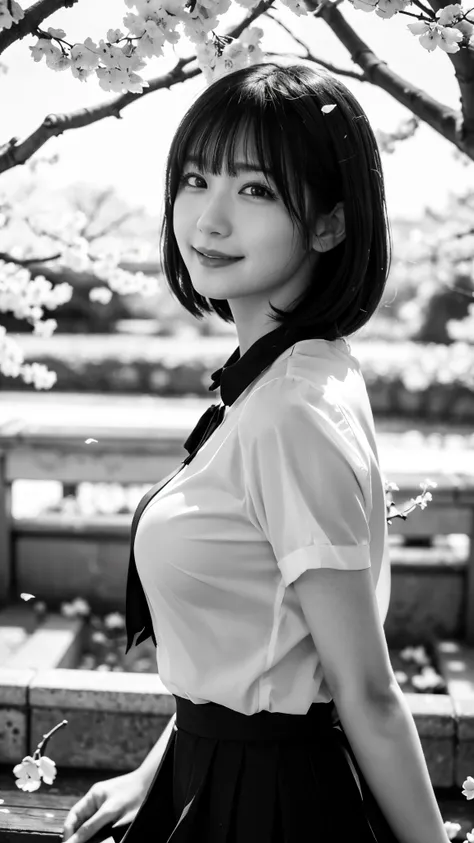 (highest quality,masterpiece:1.3,ultra high resolution),(Super detailed,caustics,8k),(photorealistic:1.4,RAW shooting),(monochrome photography:1.4),1 girl,Are standing,(Cherry blossom petals are dancing),(smile),stare at the camera,25 years old,cute,Japane...