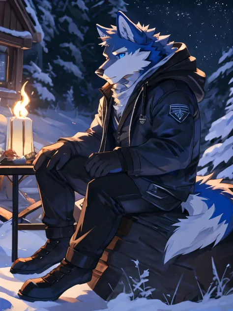 araffe dressed in a blue jacket with white furs on each end sitting on a big log, furry wolf, fursona wearing stylish clothes, furries wearing tails, an anthro wolf, blue fur, white as secondary color fur, furry character, furry anime, frozen cold stare, b...