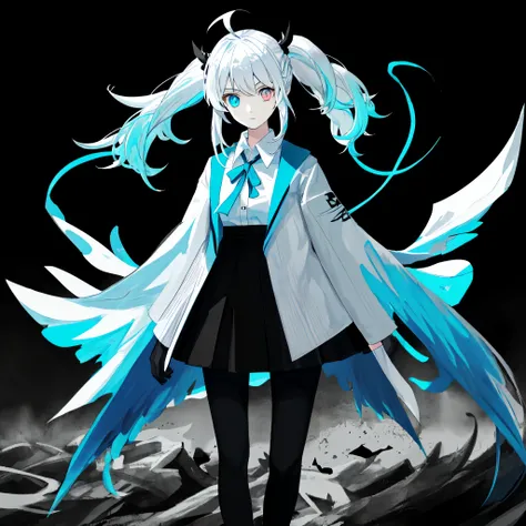 (highest quality, masterpiece), 1 girl, (female focus), Ahoge, white blue hair, ((white shirt), (overfit schlit)), long hair, Are standing, twin tails, [[[Mild heterochromia]]], atmosphere shrouded in darkness,dark,darkness