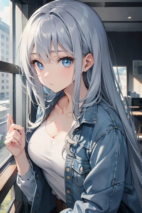 gray hair、older sister、Denim Jacket、G cup、one person、beautiful woman、long hair、light blue eyes