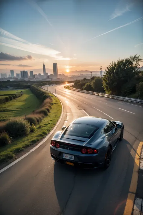 Surrealism, high detail, movie lighting, Ray tracing, perspective, aerial photography, ultra high definition, masterpiece, Sunset, 4K, best quality，sports car，Ring Expressway