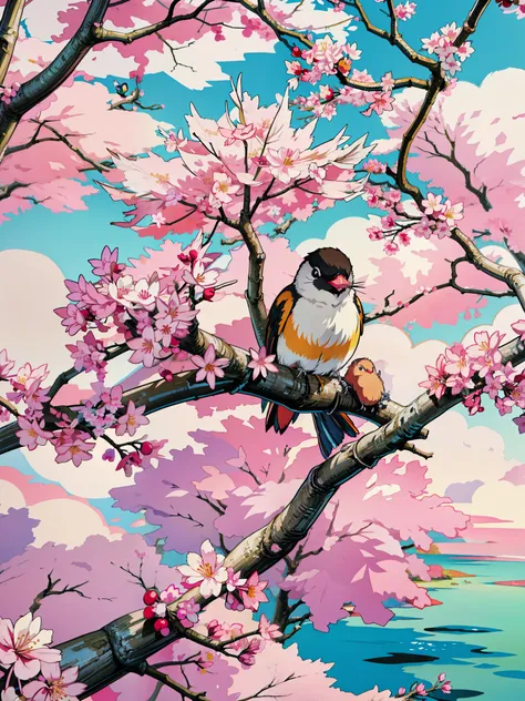 a small bird perched on a branch of a tree, birds on cherry tree, ( colorful ), sakura blooming on background, japan nature, cherry blossom background, cherry-blossom-tree, spring theme, cherry blossom, cherry blossoms, cherry blossom tree, spring, colorfu...