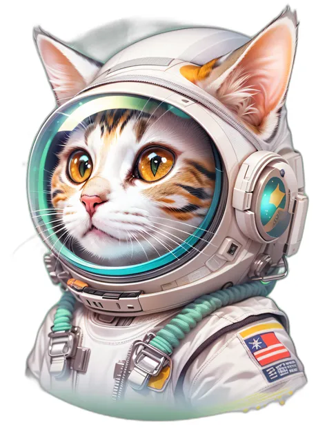 cat animal in spacesuit, cute style image, 3D style drawing, surrounded by vibraprint ready vector t-shirt design, white background, Side view, sticker, clean white background, professional vector, high detail, t-shirt design, lively.