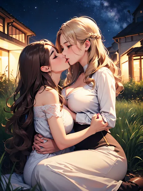 (((best quality))),masterpiece,ultra high resolution,(ultra high definition),(movie quality:1.3),(movie lighting),(low light environment:1.4),Female lovers kissing in the sky and the woman on the grass under the milky way at night, (SFW) Work, kissing toge...