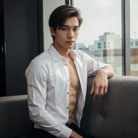 1boy,solo,asian young man,3 days beard,skinny,twink,normal body ,full dressed, ((best quality)),intense gaze ,cover shot , for gq , instagram model,perfect hands , fullbody