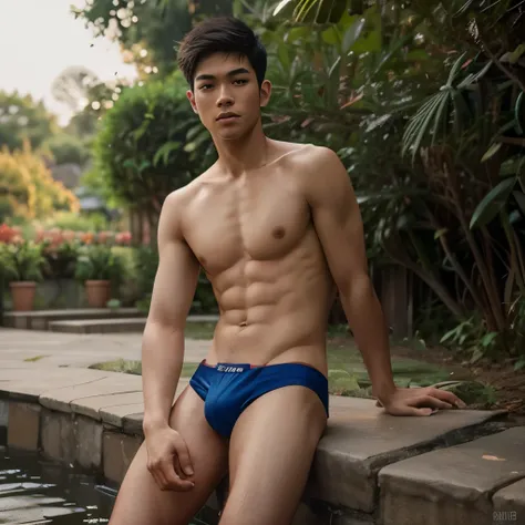 1boy,asian young man,3 days beard,skinny,twink,normal body , nature , men underwear,intense gaze ,cover shot, instagram model,perfect hands , fullbody