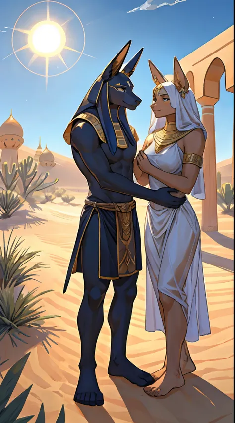 Anubis，male，thin，whole body，under the sun，front，feet，high quality，Illustration quality，no clothes，bare legs，Desert Palace，caressing breasts