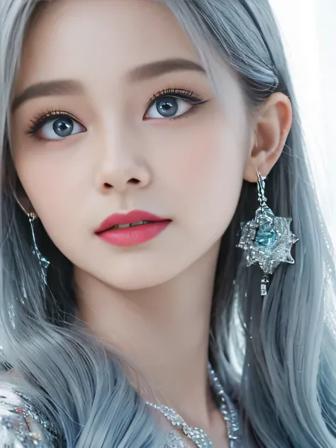 ４K、she is a wind fairy、angel wings on the back、blue eyes、Dress that shows your collarbones、blue sky background、close up of face、gray hair、big feathers、Blue and white background、platinum decoration、platinum earrings、platinum necklace、Platinum Silver Hair、pl...