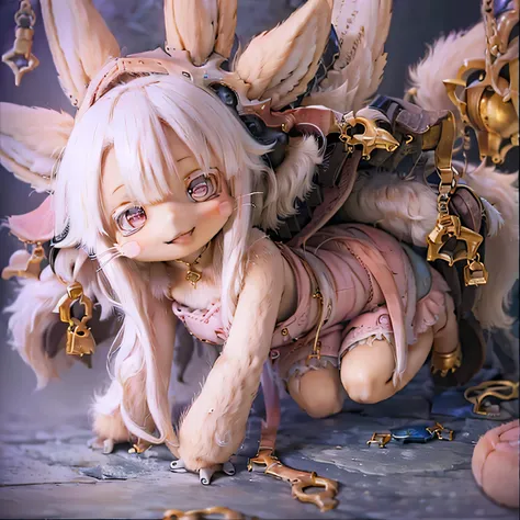 in the garden, smiling girl, Looks like Nanachi from Made in Abyss. she is beautiful, fine eyes and lips. A girl is depicted、 (((chibi style,))) . Image quality is top quality, With highly detailed and realistic features. The artwork medium combines illust...