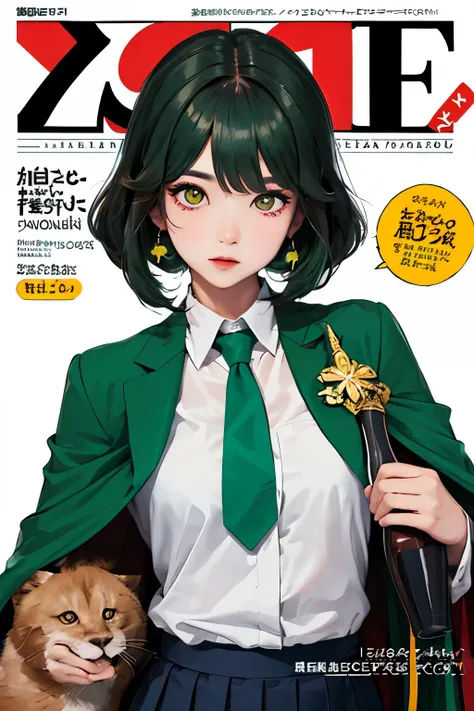 masterpiece, best quality, outdoor, magazine cover ,upper body, nahida_genshin, cross-shaped pupils, , green tie, blazer, pleated skirt, green cape