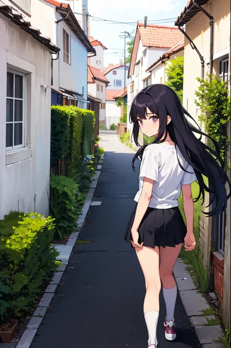 Back alley of a private house in the countryside　narrow road　elementary school girl　8-year-old　flat chest　black hair　long hair　eyes are purple　（（1 person））　Upper body black T-shirt　Lower body white miniskirt（（white panties））　black socks　sneakers　walking　fl...